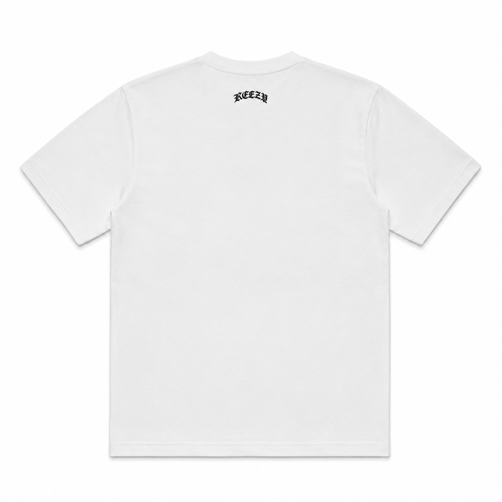 White short-sleeve t-shirt shown from the back, featuring a small black arched 'KEEZY' logo printed at the center of the neck. KKEIKO