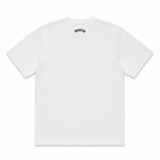 White short-sleeve t-shirt shown from the back, featuring a small black arched 'KEEZY' logo printed at the center of the neck. KKEIKO