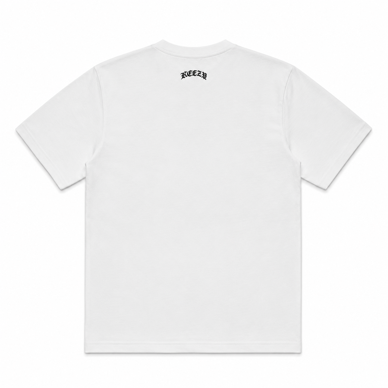 White short-sleeve t-shirt shown from the back, featuring a small black arched 'KEEZY' logo printed at the center of the neck. KKEIKO