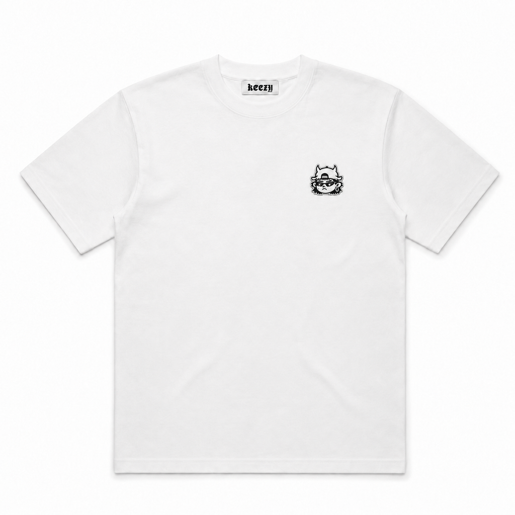 A white short-sleeve crewneck t-shirt with a small black graphic of a cat wearing sunglasses on the left chest, and a 'KEEZY' brand label printed inside the collar. KKEIKO