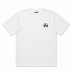 A white short-sleeve crewneck t-shirt with a small black graphic of a cat wearing sunglasses on the left chest, and a 'KEEZY' brand label printed inside the collar. KKEIKO