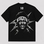 A black short-sleeve t-shirt featuring a large graphic print of Neymar on the front, with a white headband reading 'NEYMAR' and the number '10' printed above the portrait.