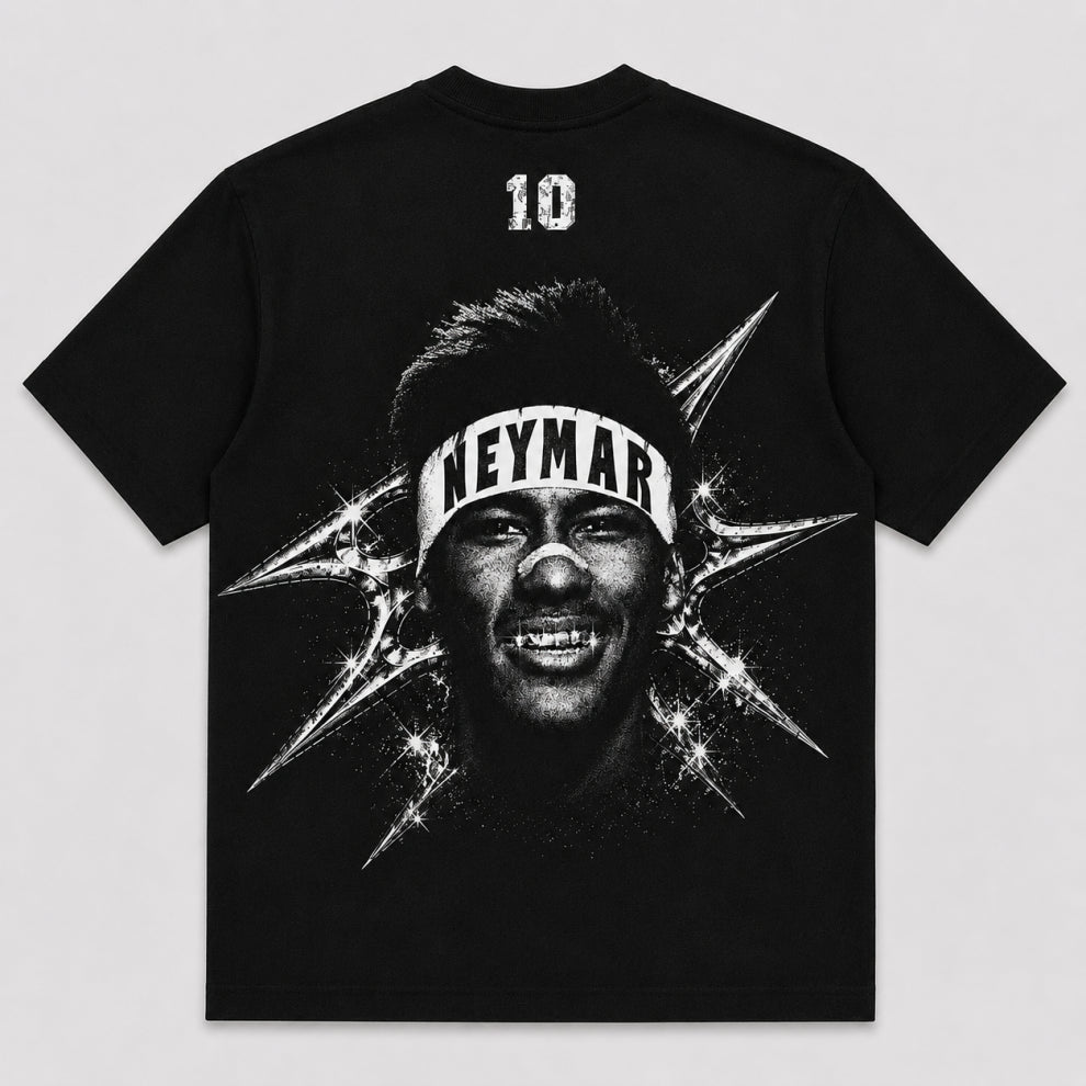 A black short-sleeve t-shirt featuring a large graphic print of Neymar on the front, with a white headband reading 'NEYMAR' and the number '10' printed above the portrait.